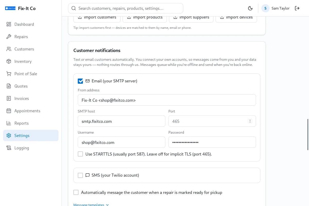 Customer notification settings in Repair Shop connecting the shop's own email and SMS.