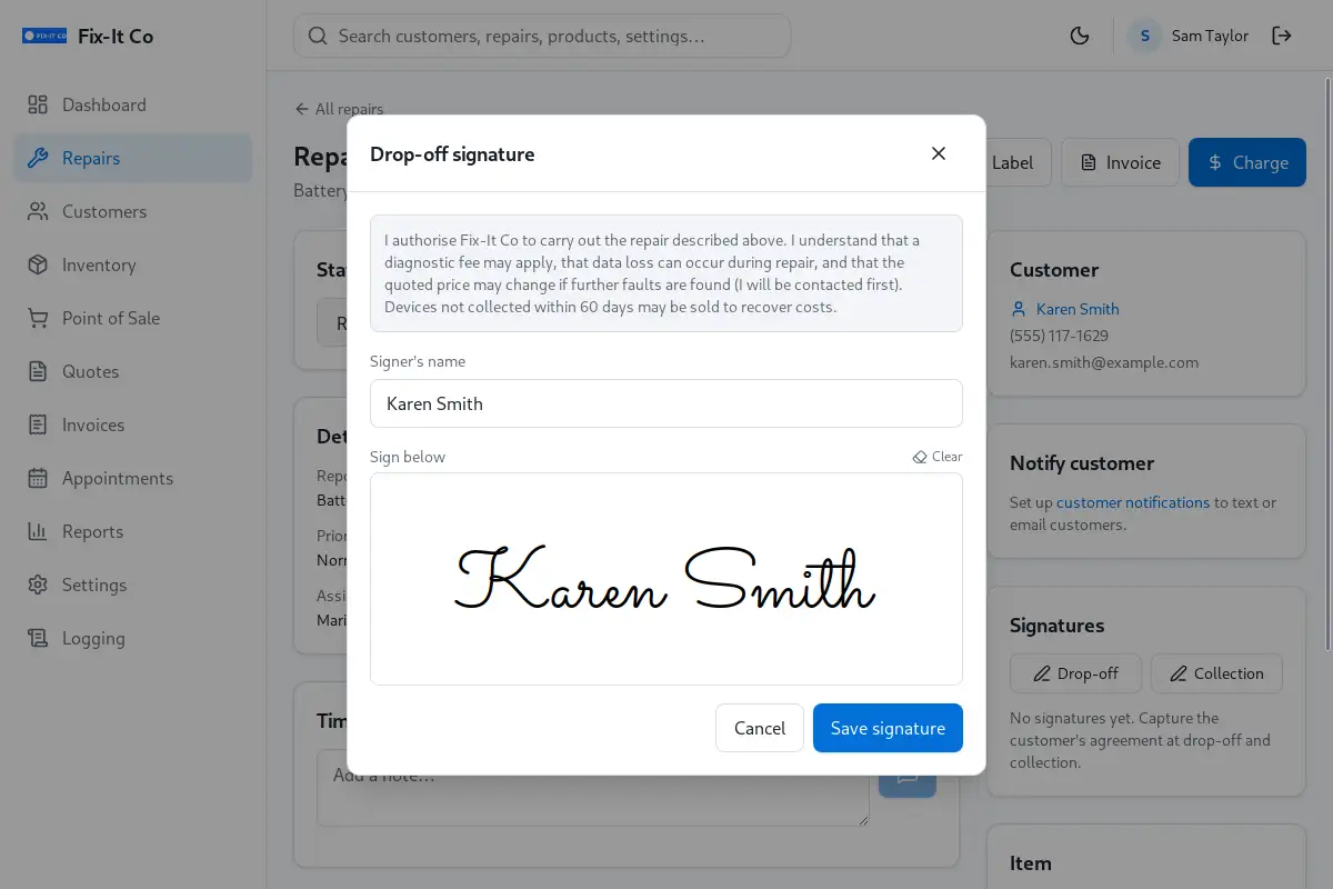 On-screen signature pad in Repair Shop capturing a customer's signature on a repair.
